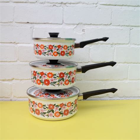 Vintage Floral Enamel Pan Set Retro Orange And Pink Metal Saucepan Set