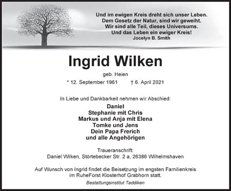 Traueranzeigen Von Ingrid Wilken Nordwest Trauer De