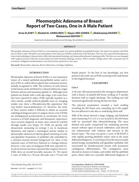 Pdf Pleomorphic Adenoma Of Breast Report Of Two Cases One In A Male Patient