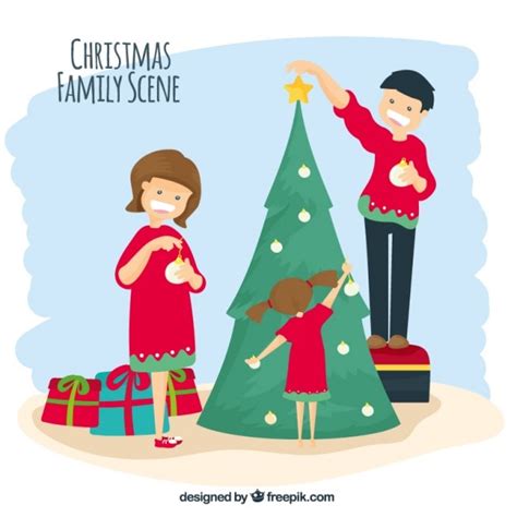 Família feliz que decora a árvore de natal Vetor Grátis