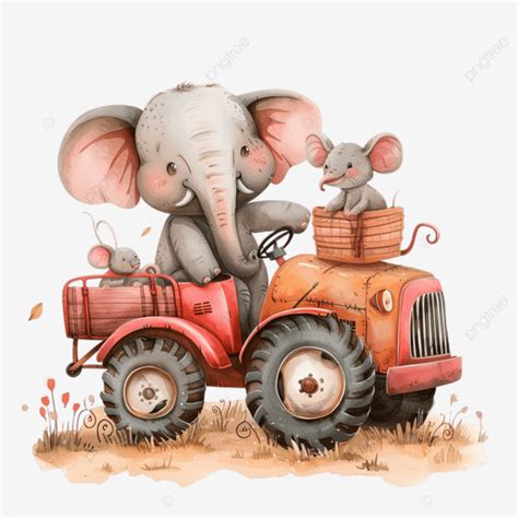 Cute Elephant Driving Tractor Pulling Mice With Cart Cartoon Worker