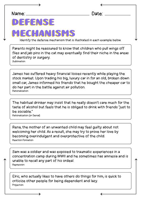 Defense Mechanisms Worksheets