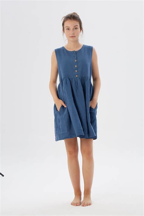 Linen Loose Sleeveless Dress With Hidden Side Pockets Malibu Washed