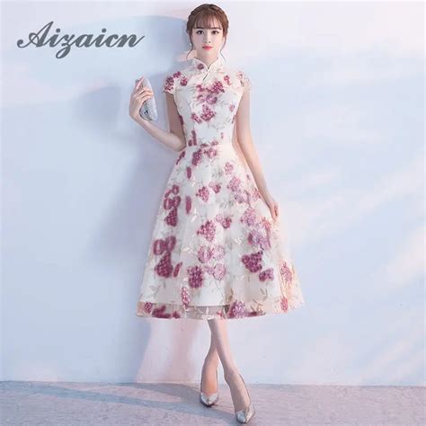 2019 New Pink Long Cheongsam Embroider Qipao Dresses Robe Chinoise