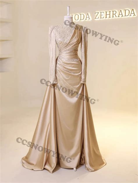 Full Sleeve Hijab Muslim Evening Dresses Islamic Satin Appliques Beaded