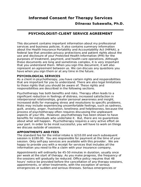 Ined Consent For Therapy Services Service Agreement Doc Template