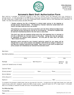 Fillable Online Automatic Bank Draft Authorization Form Bellmead Fax