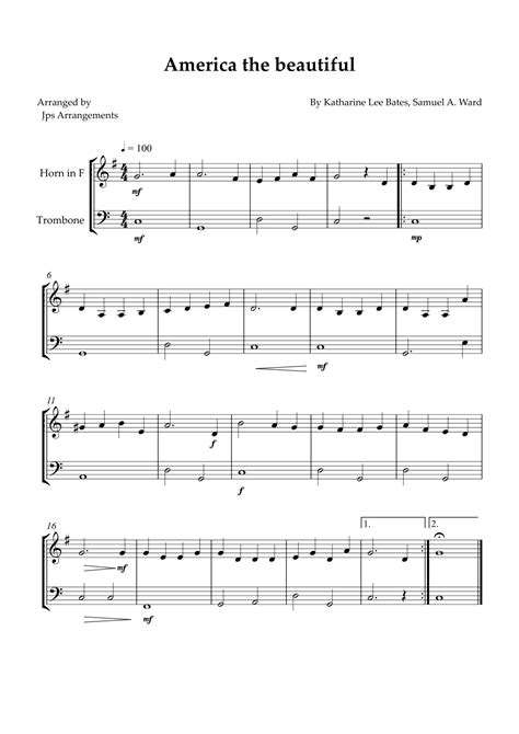 America The Beautiful Duet For French Horn And Trombone Arr Jps