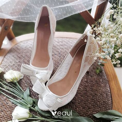 Elegant White Lace Flower Bow Wedding Shoes 2020 8 Cm Stiletto Heels Pointed Toe Wedding Pumps