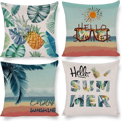 Hello Summer Pillow Covers 18x18 Set Of 4 Tropical Palm