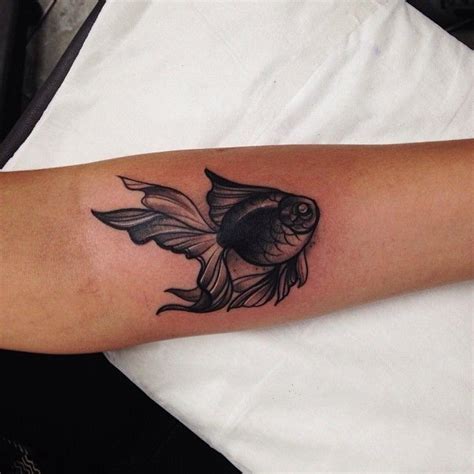 Small Black And Grey Goldfish Tattoo On Arm By Pari Corbitt At WA Ink