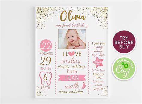 First Birthday Poster Pink And Gold Confetti Board Floral Etsy