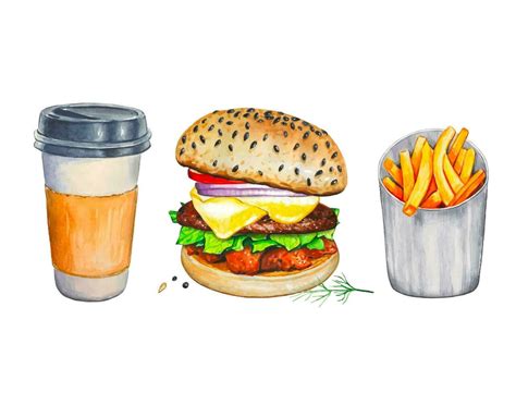 Burger With French Fries Coffee Watercolor Illustration 29101361