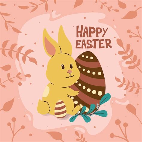 Premium Vector Cute Easter Bunny Hugging An Easter Egg And A Leaf