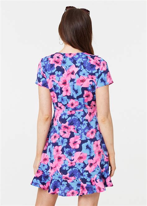 Izabel London Blue Floral Frill Faux Wrap Short Dress Matalan