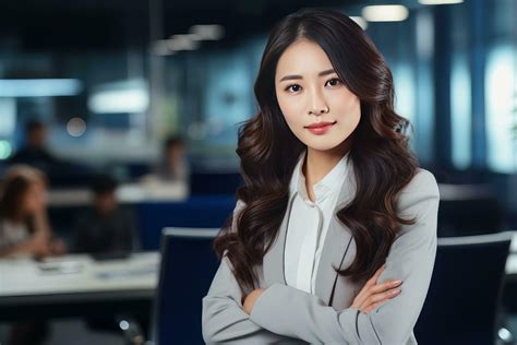 Portrait Of A Beautiful Businesswoman In Modern Office Asian Manager Looking At Camera And