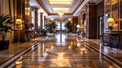 Empty Hotel Lobby With Shiny Marble Floors And Golden Accents Premium