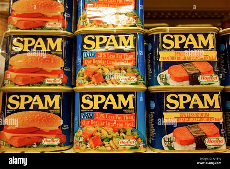 Cans of spam canned meat on a grocery store shelf Stock Photo - Alamy