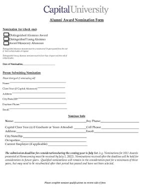 Fillable Online Alumni Award Nomination Form Capital University Fax