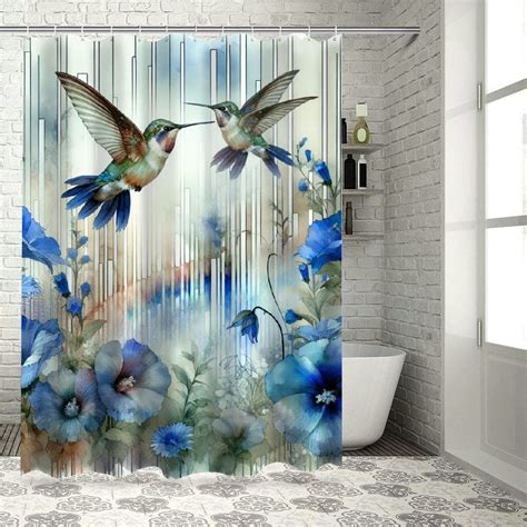 Akjvoe Flower Hummingbird Shower Curtain Retro Watercolor Floral Blue