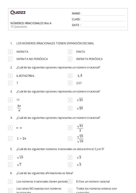 N Meros Irracionales Hojas De Trabajo En Quizizz Gratis E Imprimible