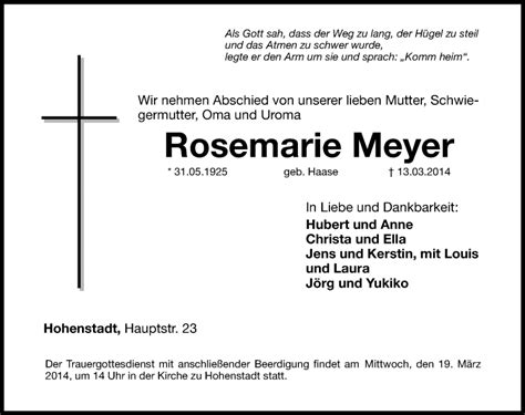 Traueranzeigen Von Rosemarie Meyer Gemeinsamtrauern N Land