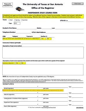 Fillable Online Copp Utsa UTSA Registrar Independent Study Form Copp