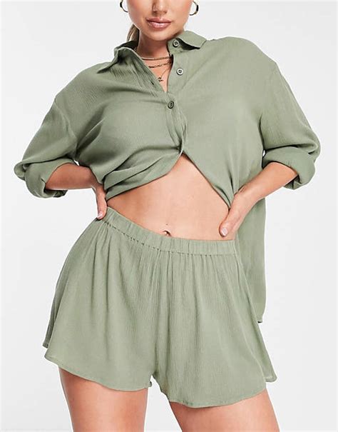 Asos Design Crinkle Beach Short Co Ord In Khaki Asos