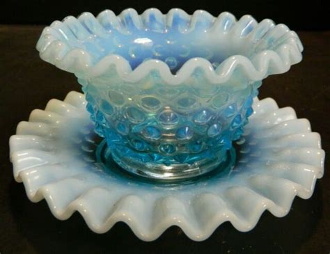 Vintage Fenton Ruffled Edge Blue Opalescent Hobnail Glass Bowl And Underplate Exc Ebay