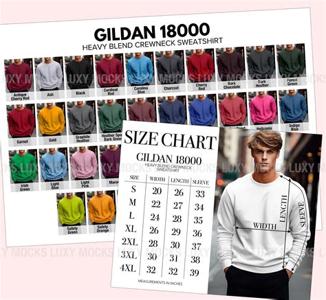 Gildan 18000 G180 Color Chart Size Chart Bundle Mens Color Chart Size