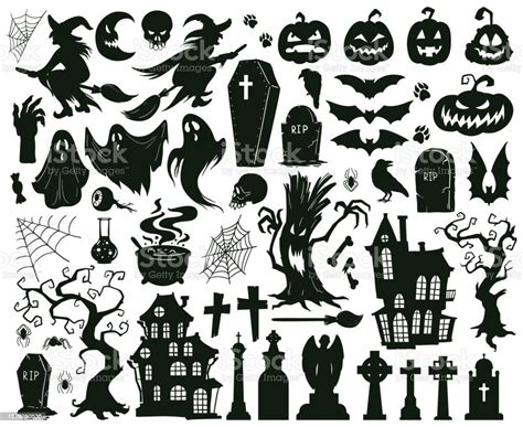 Halloween Spooky Elements Cartoon Halloween Spooky Evil Silhouettes Witches Monsters And Creepy