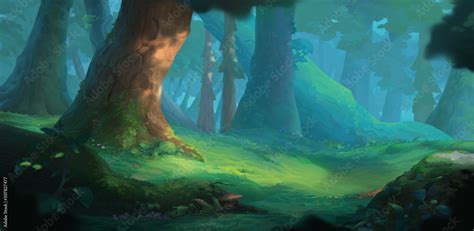 Summer Forest Background For Animation Scene Design Illustration Game Concept Art Stock