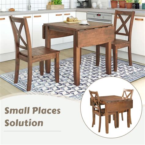 3 Piece Wood Drop Leaf Breakfast Nook Dining Table Set With 2 X Back Chairs For Small Places