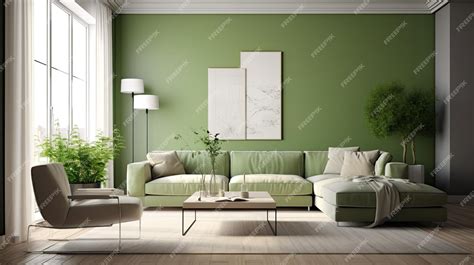 Premium AI Image | Green wall paint in a living room with a sofa and a ...