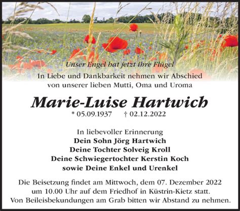 Traueranzeigen von Marie Luise Hartwich Märkische Onlinezeitung