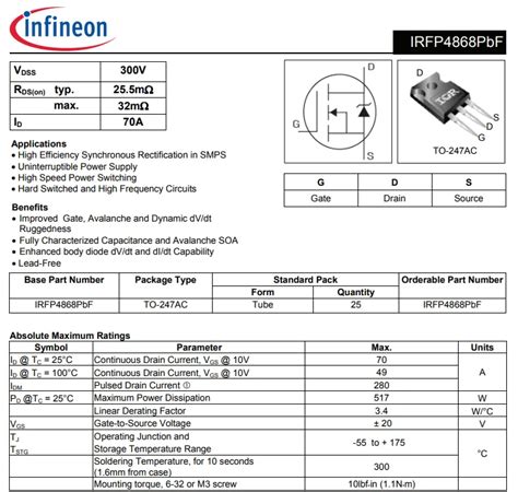 Irfp4868 Irfp4868pbf Transistor N Channel 300v 70a 517w To 247ac Mosfet