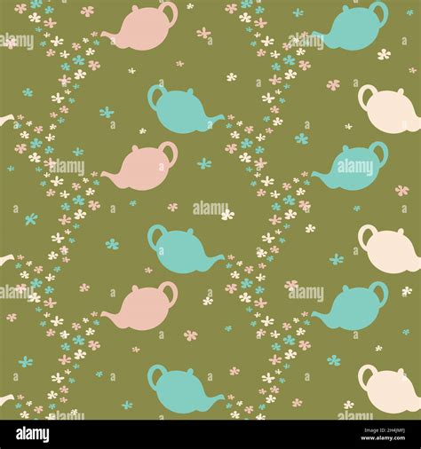 Vector Seamless Pattern With Silhouettes Of Teapots And Flowers Hand