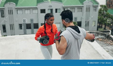 Boxing Woman And Rooftop With Personal Trainer Fitness And Workout