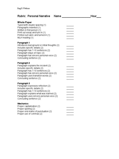 Eng II-Rubric-Personal Narrative | PDF