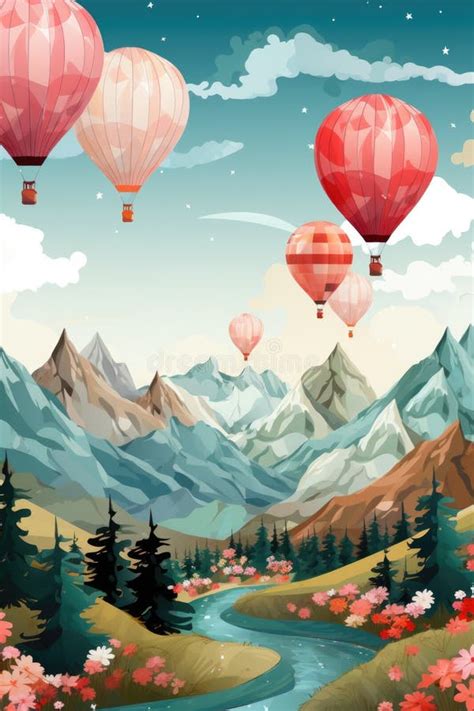 Hot Air Balloons Flying Over Mountains And River AI Stock Illustration