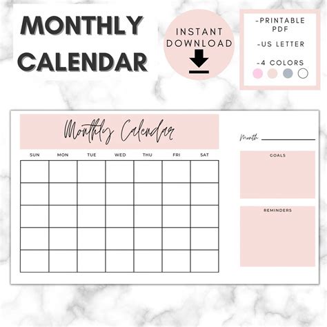 Printable Monthly Calendar Minimalist Calendar Blank Monthly Calendar ...