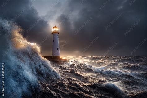 White Lighthouse in the middle of the ocean, big waves and storm around ...