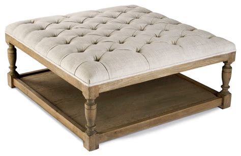 Square Tufted Ottoman Natural Oak With Cream Natural Linen