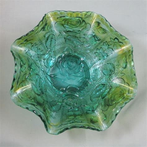 Antique Imperial Open Rose Teal Carnival Glass Ruffled Bowl Carnival