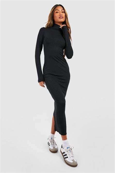 Jumbo Rib Roll Neck Midi Dress Boohoo Nz