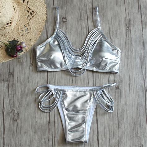 2019 New Shiny Silver Bikini Women Swimwear Female Swimsuit Two Pieces Bikini Set Biquini