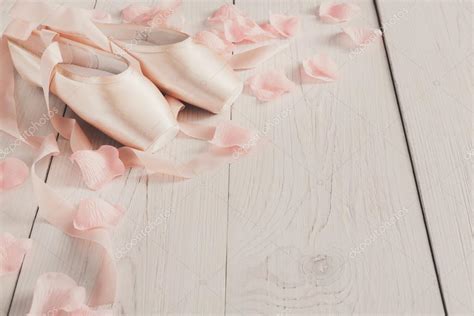 Pink Ballet Pointe Shoes On White Wood Background Stock Photo By