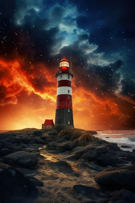 Red Lighthouse At Ocean Or Sea Shore At Night Sky With Stars Stock