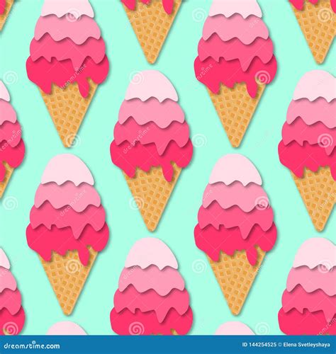 Seamless Pattern Of Ice Cream Cones 3d Vector Paper Cut Style Stock