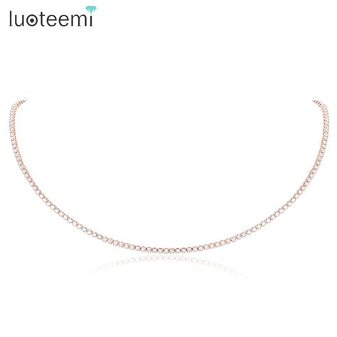 LUOTEEMI Simple 2MM Iced Out Tennis CZ Necklace For Women Rose Gold